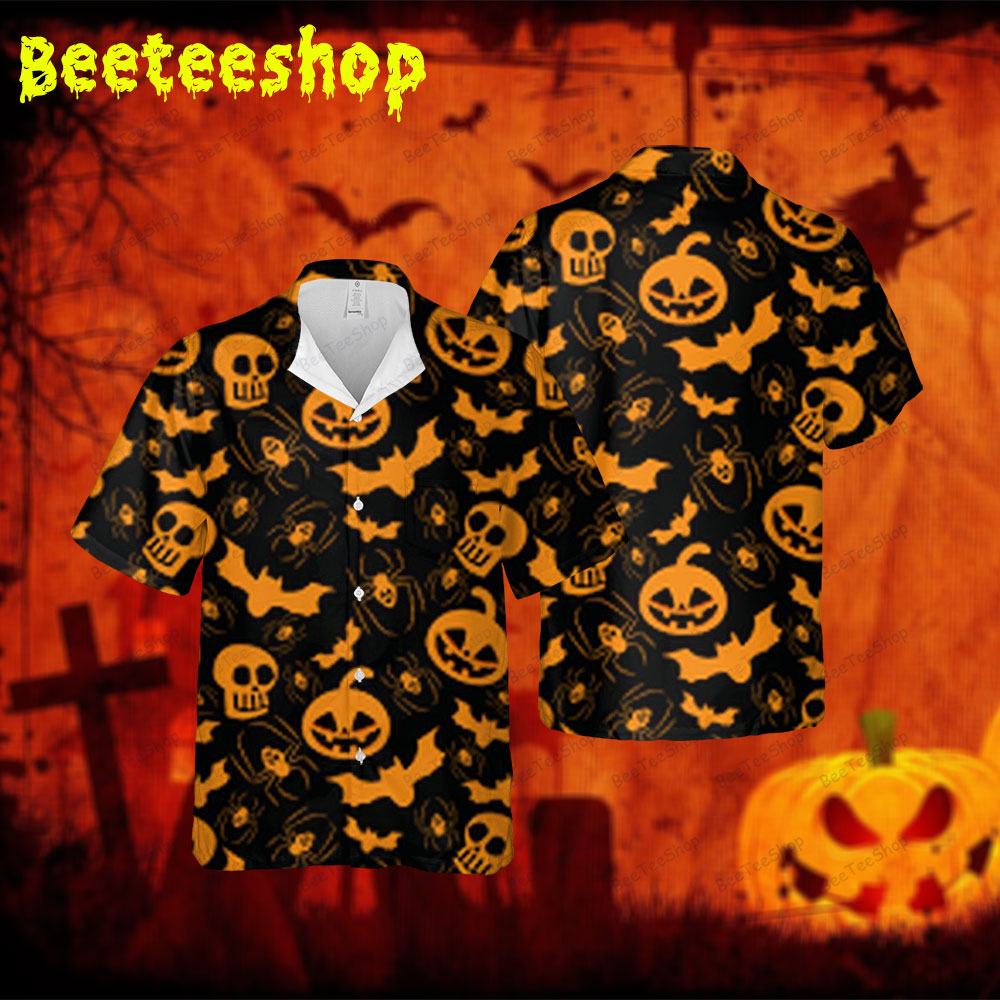 Spiders Skulls Bats Halloween Spread Collar Hawaii Shirt