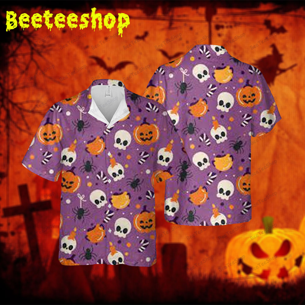 Spiders Skulls Pumpkins Halloween 003 Spread Collar Hawaii Shirt