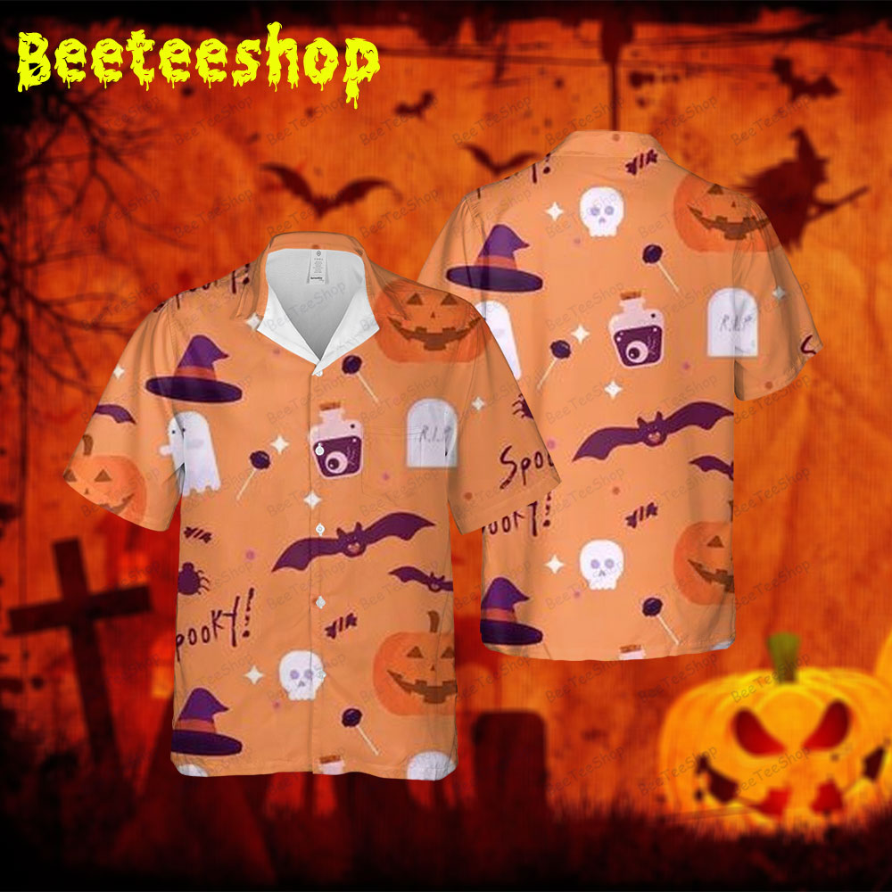 Witch Hats Bats Ghosts Pumpkins Halloween 190 Spread Collar Hawaii Shirt