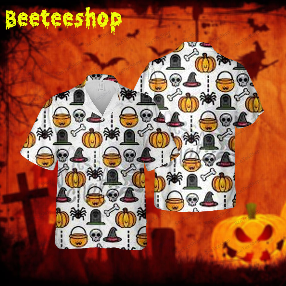 Witch Hats Spiders Pumpkins Halloween 087 Spread Collar Hawaii Shirt