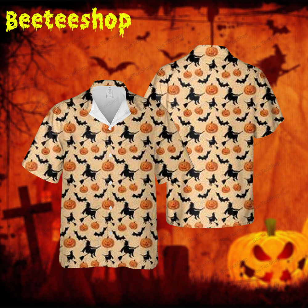 Witchs Bats Cats Pumpkins Halloween Spread Collar Hawaii Shirt