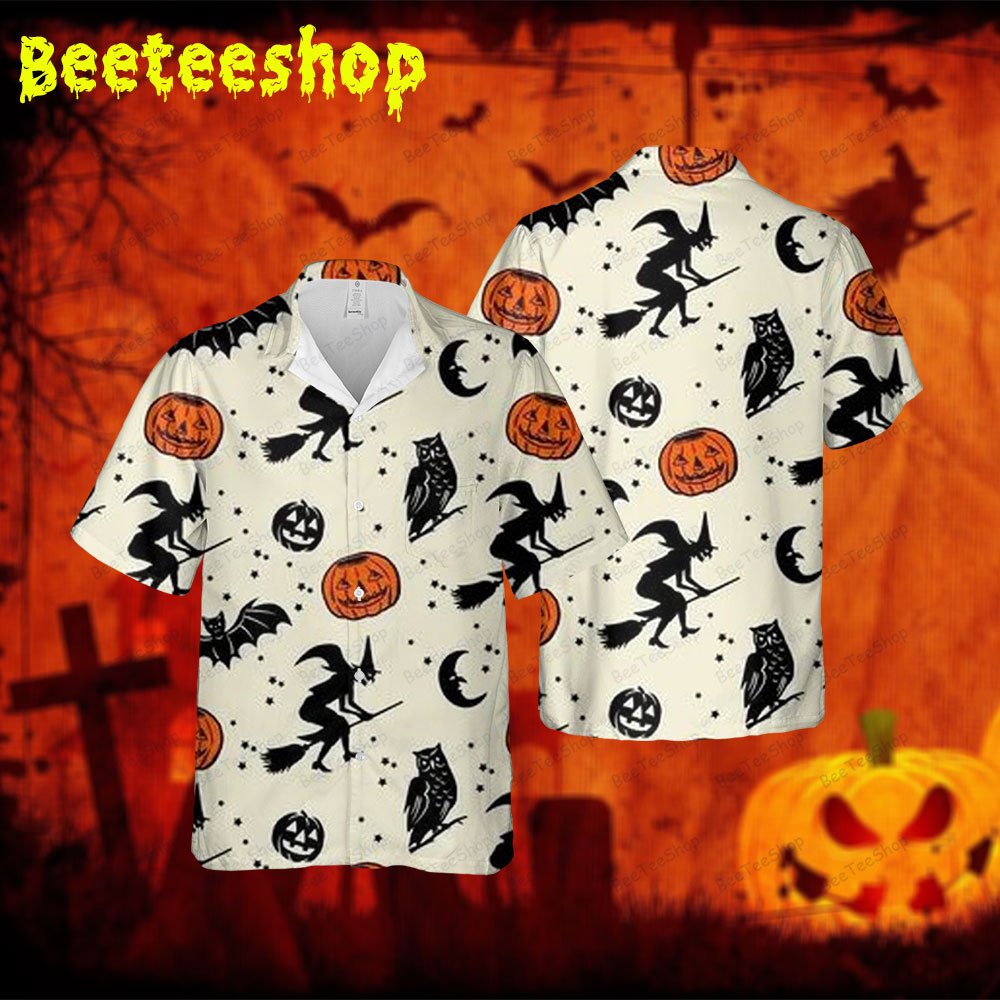 Witchs Bats Pumpkins Halloween Spread Collar Hawaii Shirt