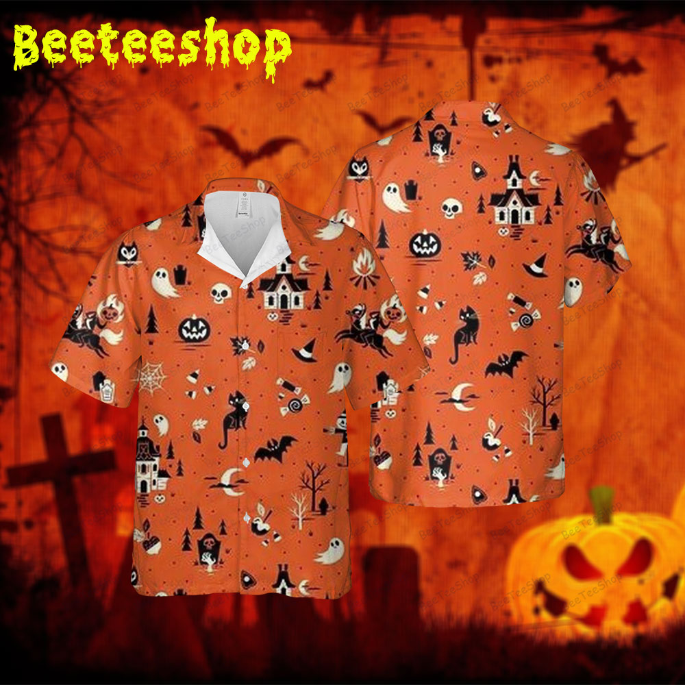 Witchs Spiders Bats Cats Boos Halloween Spread Collar Hawaii Shirt