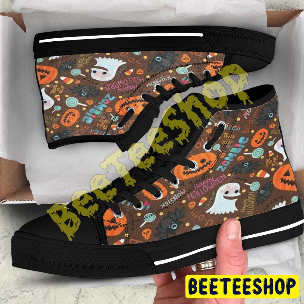 Candy Ghosts Pumpkins Halloween Pattern 253 Beeteeshop Adults High Top Canvas Shoes