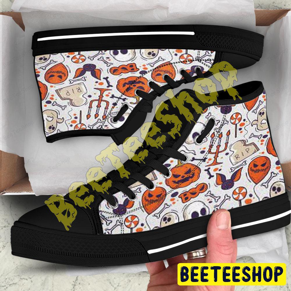 Candy Skulls Bats Boos Pumpkins Halloween Pattern Beeteeshop Adults High Top Canvas Shoes