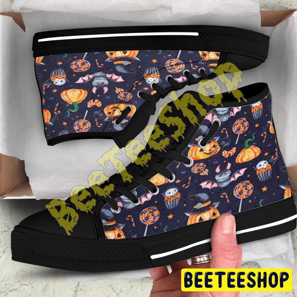 Candy Skulls Bats Pumpkins Halloween Pattern Beeteeshop Adults High Top Canvas Shoes