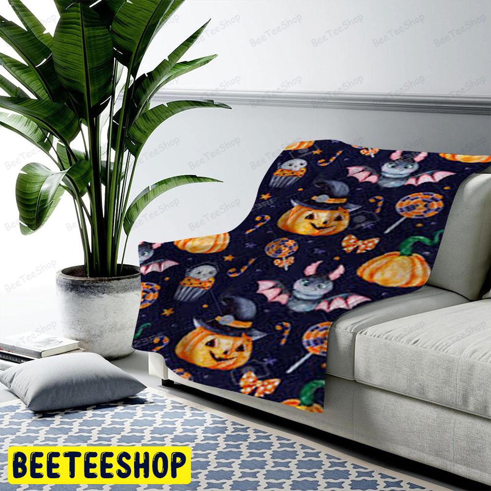 Candy Skulls Bats Pumpkins Halloween Pattern Beeteeshop US Cozy Blanket