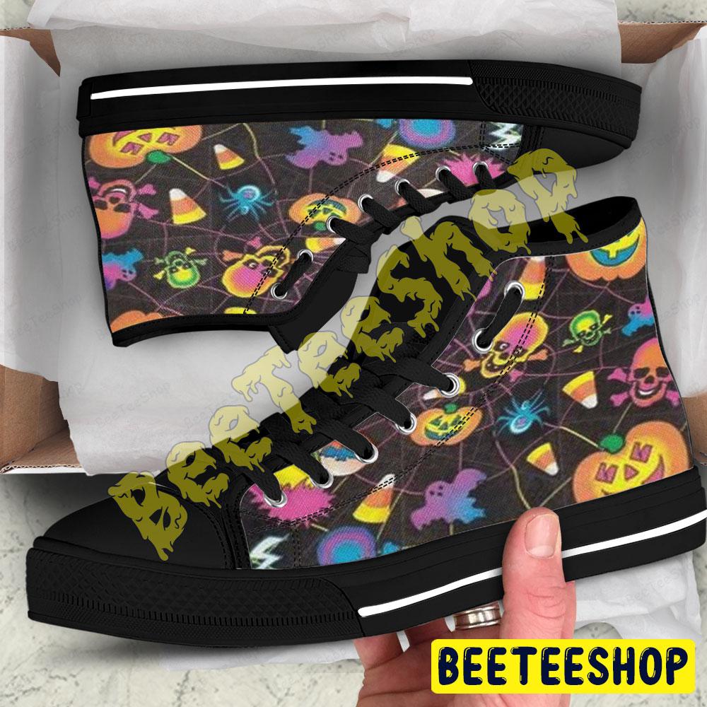 Candy Spiders Skulls Ghosts Pumpkins Halloween Pattern Beeteeshop Adults High Top Canvas Shoes