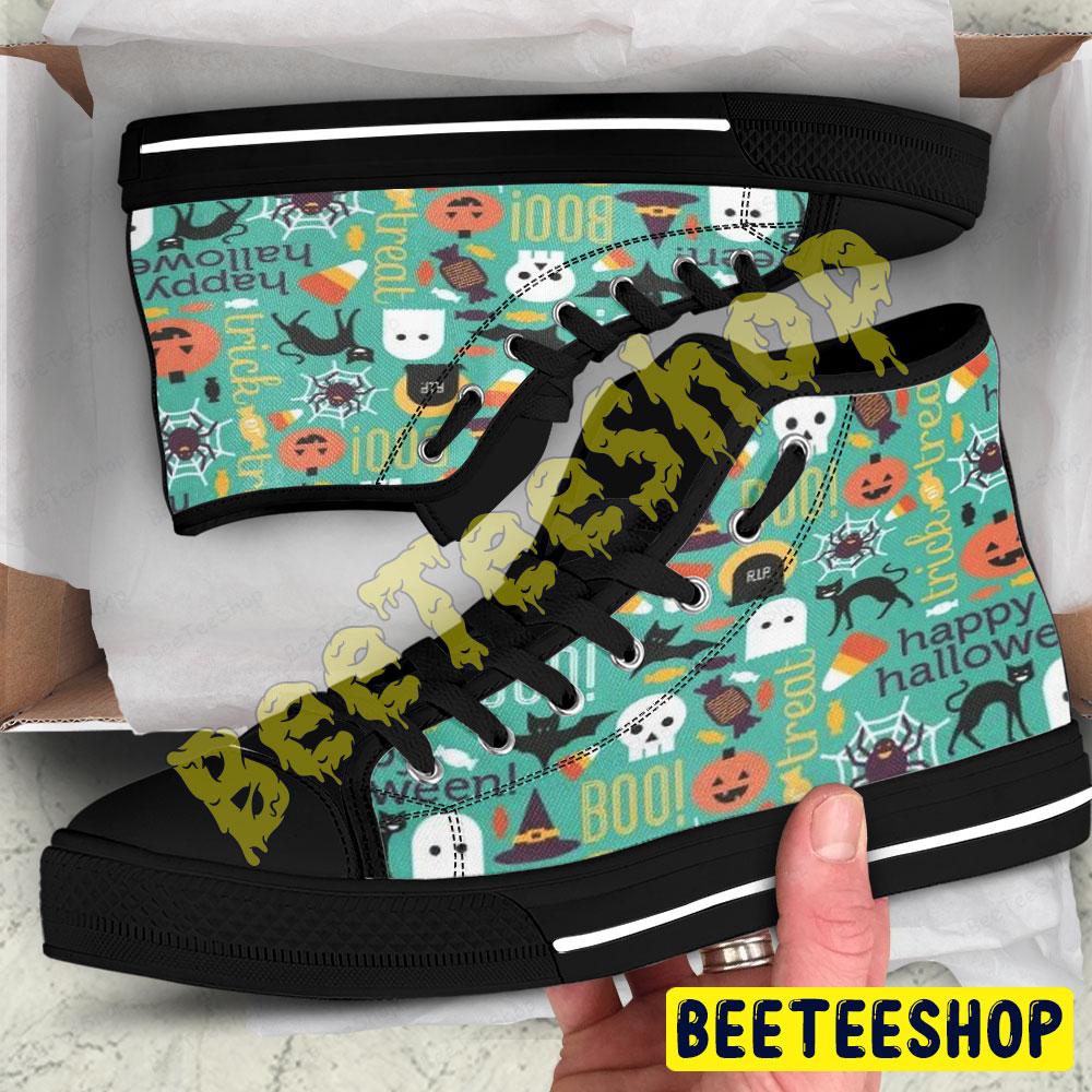 Candy Witch Hats Bats Cats Ghosts Pumpkins Halloween Pattern Beeteeshop Adults High Top Canvas Shoes