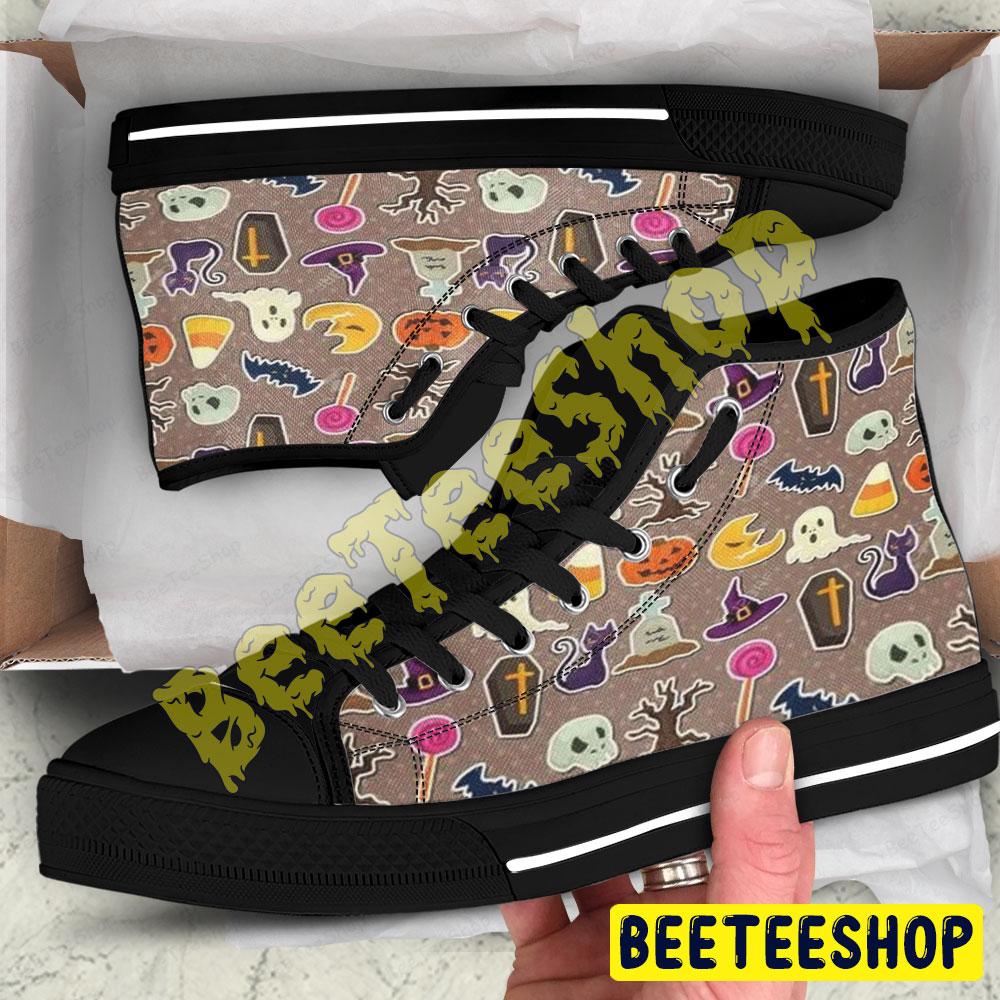 Candy Witch Hats Skulls Ghosts Pumpkins Halloween Pattern Beeteeshop Adults High Top Canvas Shoes
