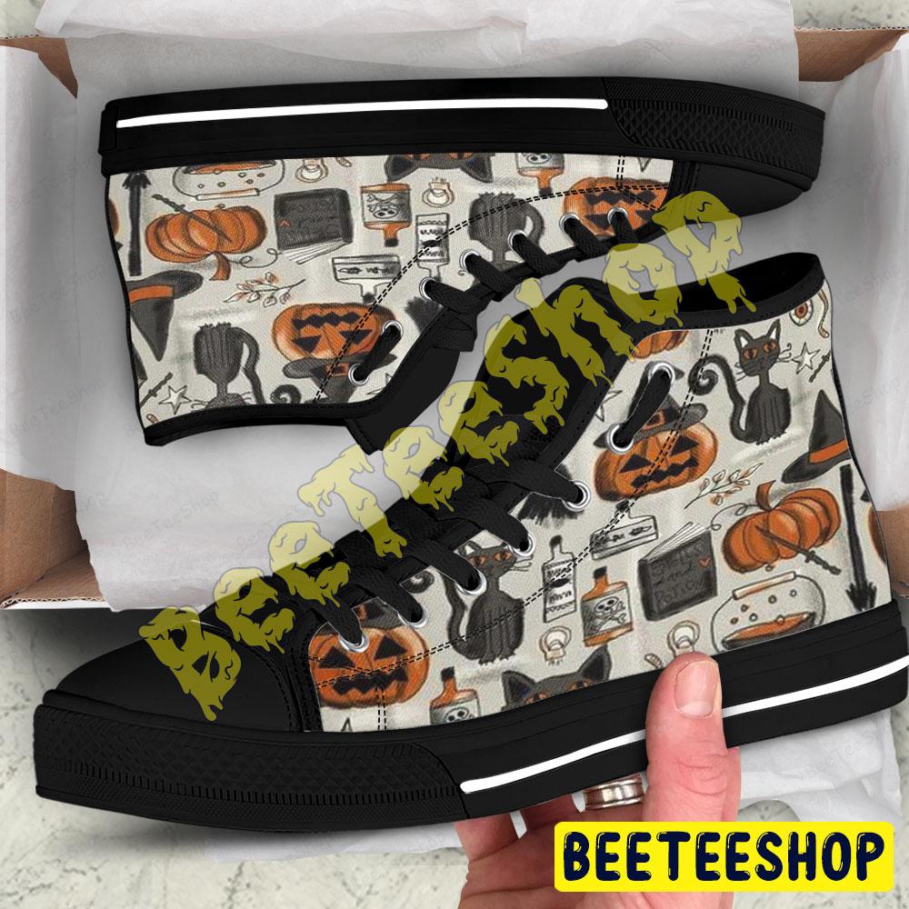 Cats Pumpkins Halloween Pattern 051 Beeteeshop Adults High Top Canvas Shoes