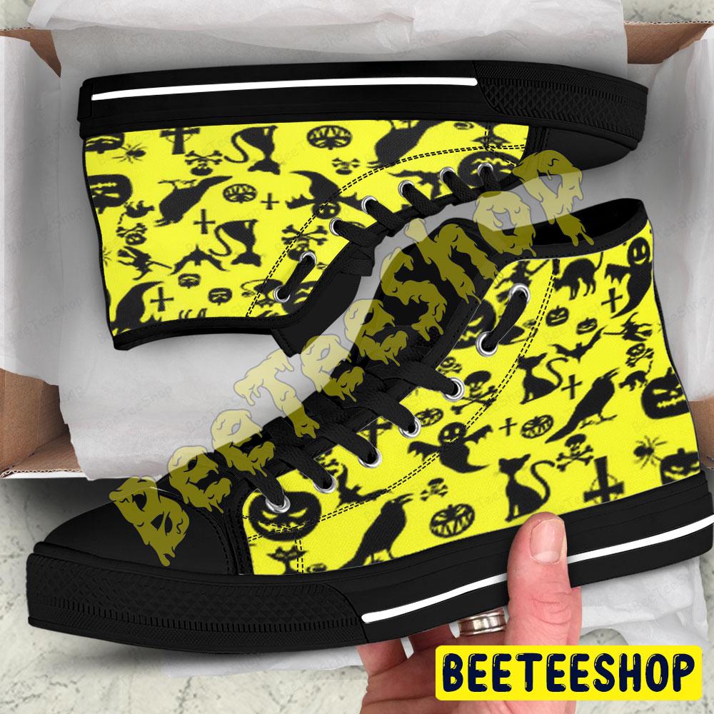 Crows Bats Cats Pumpkins Halloween Pattern Beeteeshop Adults High Top Canvas Shoes