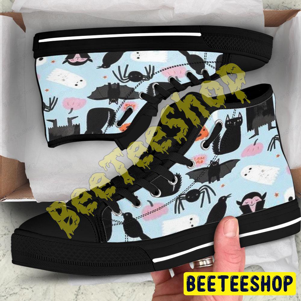 Crows Spiders Bats Cats Pumpkins Halloween Pattern Beeteeshop Adults High Top Canvas Shoes