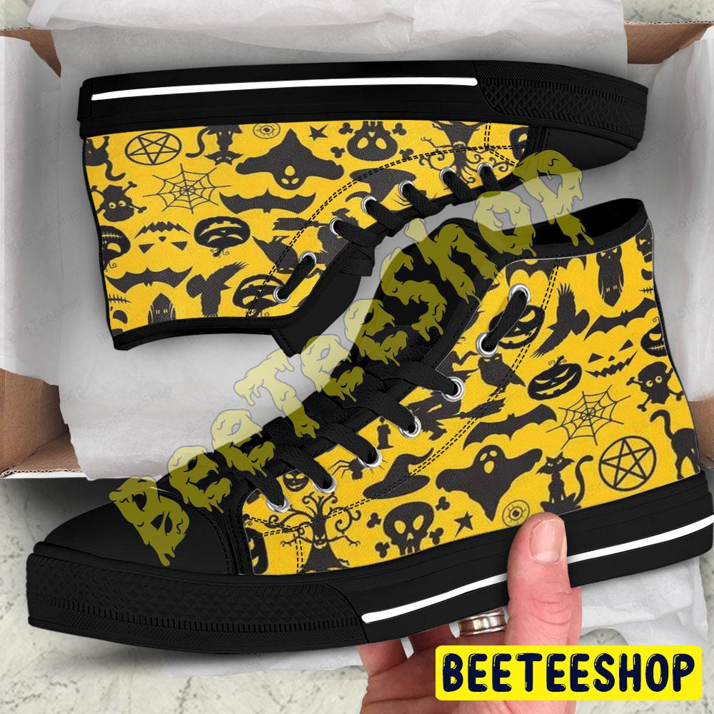 Owl Spiders Bats Cats Pumpkins Halloween Pattern Beeteeshop Adults High Top Canvas Shoes