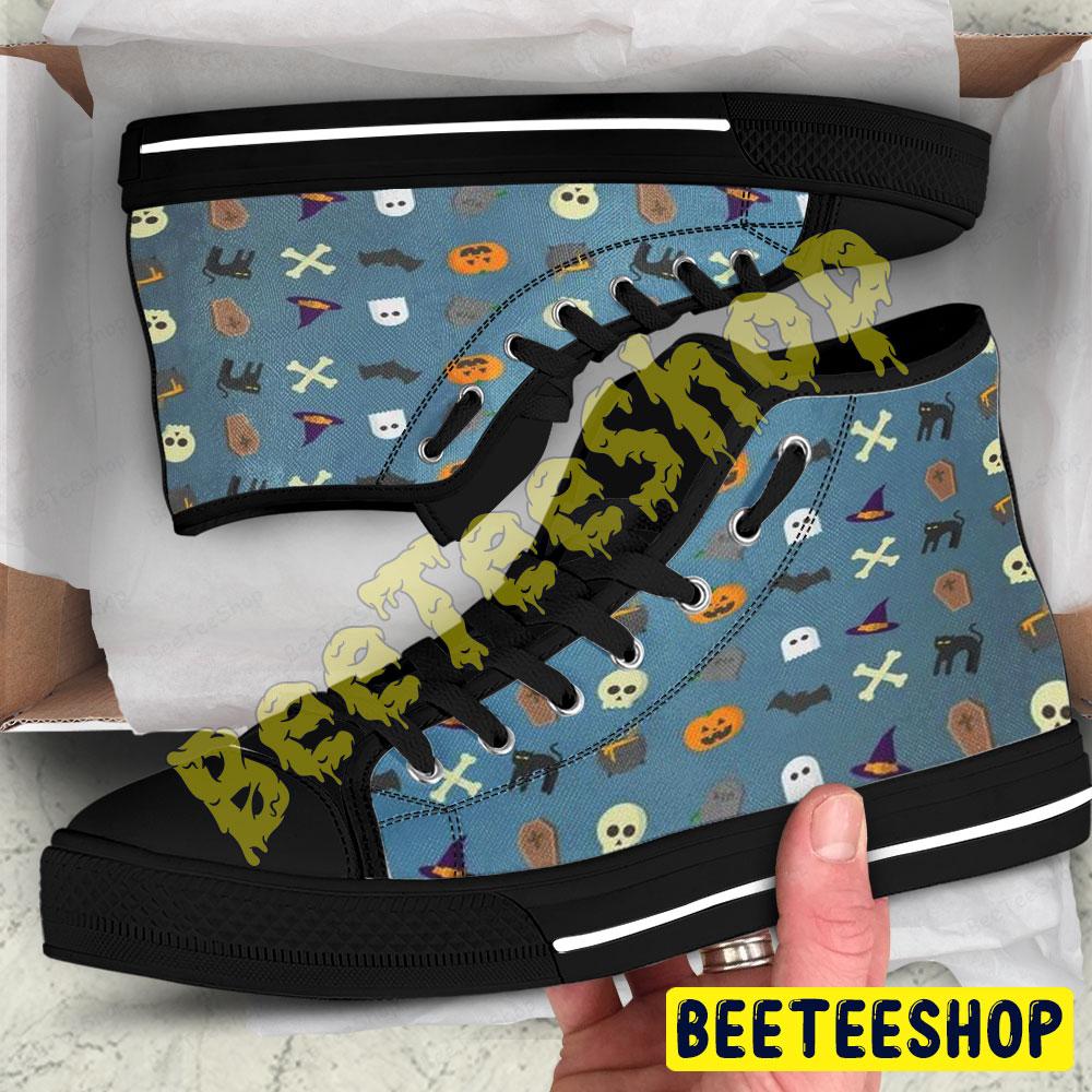 Skulls Bats Cats Ghosts Pumpkins Halloween Pattern Beeteeshop Adults High Top Canvas Shoes