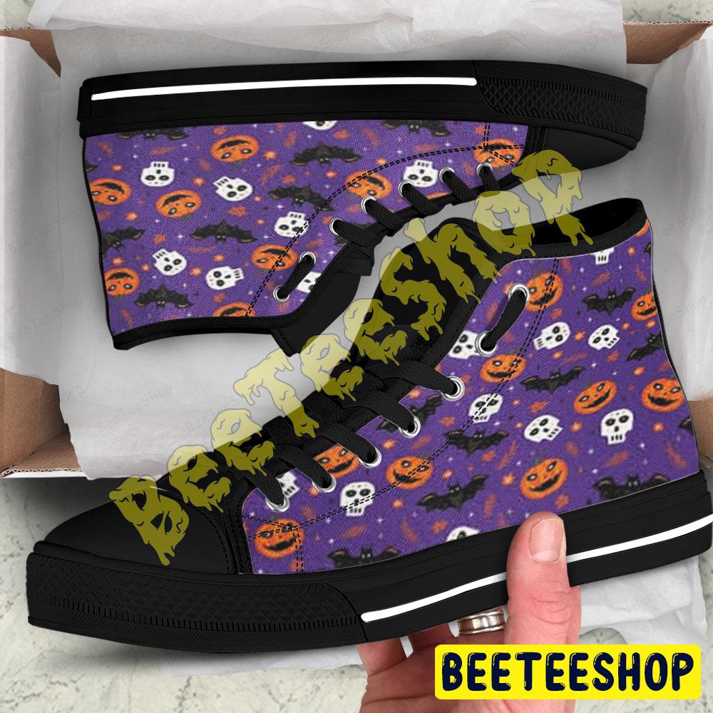 Skulls Bats Pumpkins Halloween Pattern 102 Beeteeshop Adults High Top Canvas Shoes