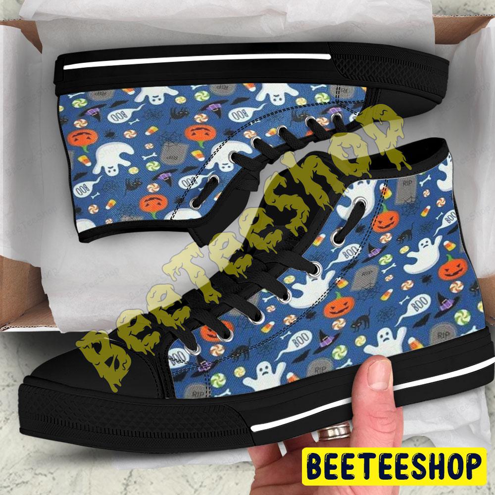 Spiders Bats Cats Ghosts Pumpkins Halloween Pattern 110 Beeteeshop Adults High Top Canvas Shoes