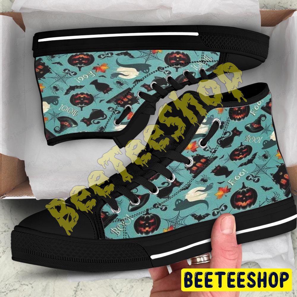 Spiders Bats Cats Ghosts Pumpkins Halloween Pattern 164 Beeteeshop Adults High Top Canvas Shoes