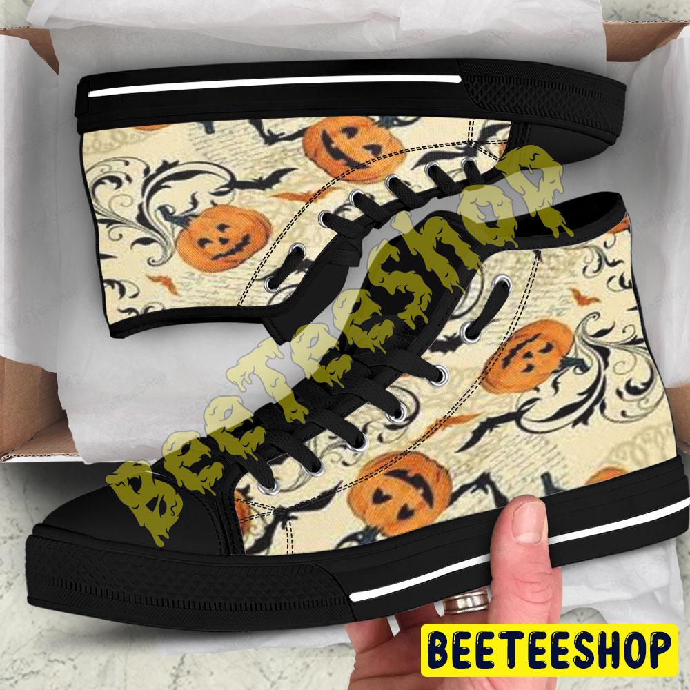 Vintage Bats Pumpkins Halloween Pattern Beeteeshop Adults High Top Canvas Shoes