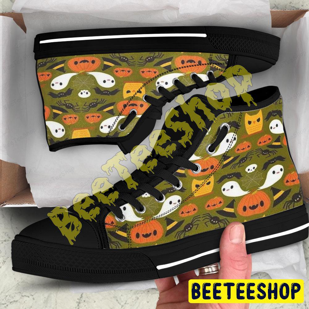 Witch Hats Spiders Skulls Ghosts Pumpkins Halloween Pattern Beeteeshop Adults High Top Canvas Shoes