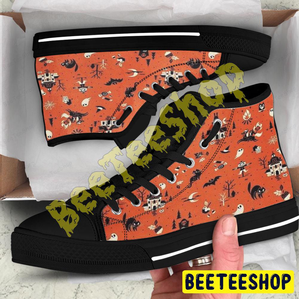 Witchs Spiders Bats Cats Boos Halloween Pattern Beeteeshop Adults High Top Canvas Shoes