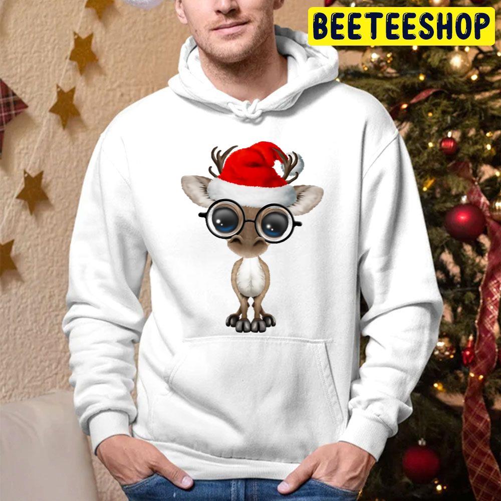 Baby Reindeer Wearing A Santa Hat And Glasses Christmas Beeteeshop Trending Unisex Hoodie