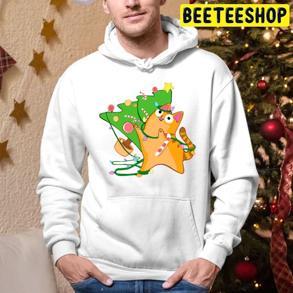 Zoomies Christmas Cat Orange Tabby Knocking Over Tree Funny Beeteeshop Trending Unisex Hoodie