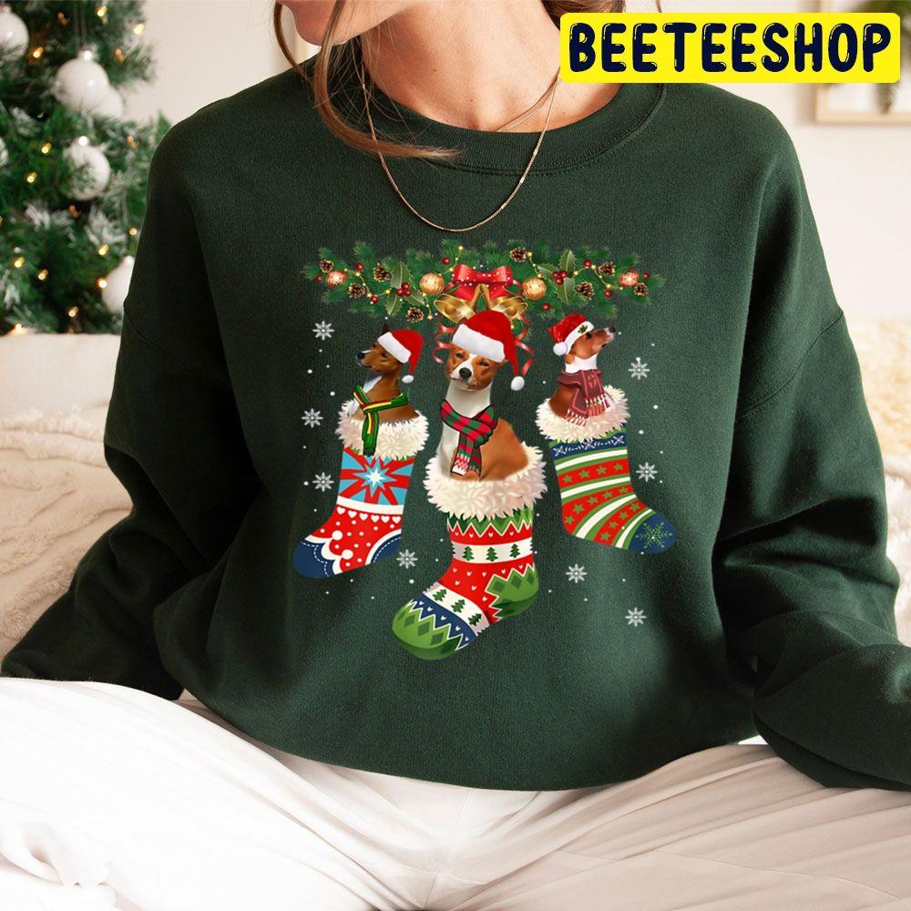 Three Basenji In Sock Christmas Santa Hat X Mas Dog Lover Beeteeshop Trending Unisex Sweatshirt