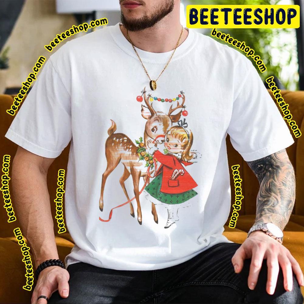 Vintage Christmas Girl And Reindeer Beeteeshop Trending Unisex T-Shirt