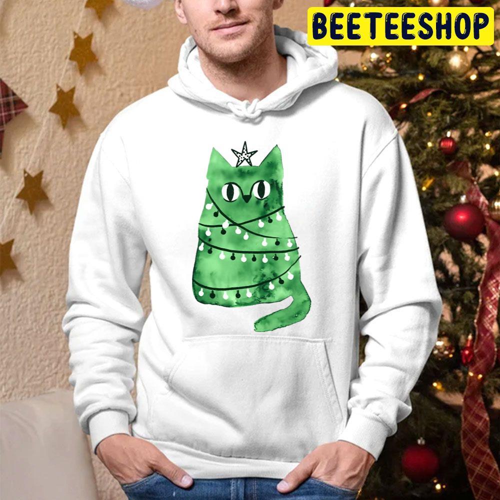 Watercolor Green Christmas Cat Beeteeshop Trending Unisex Hoodie